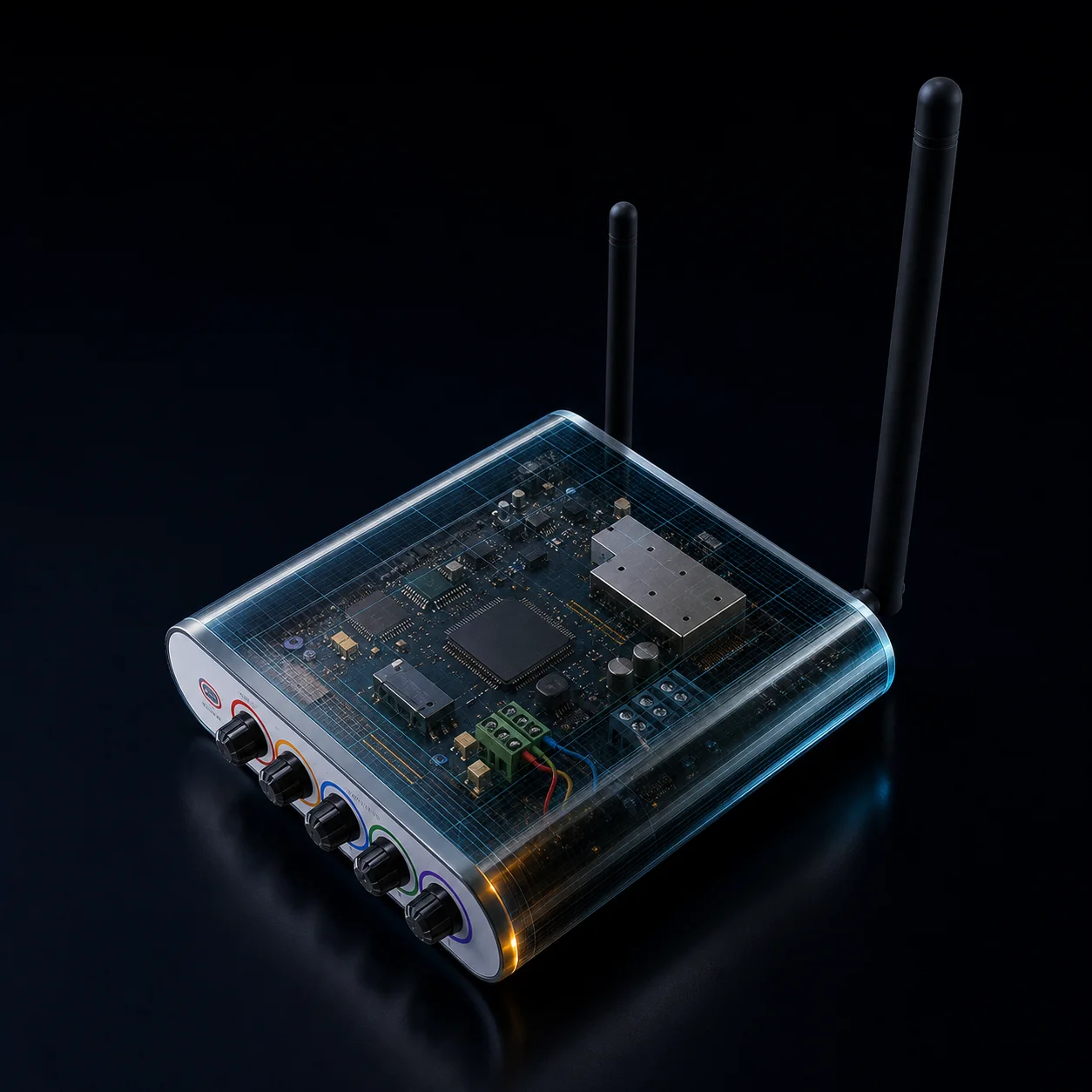 Transparent FLO controller showing its embedded electronics